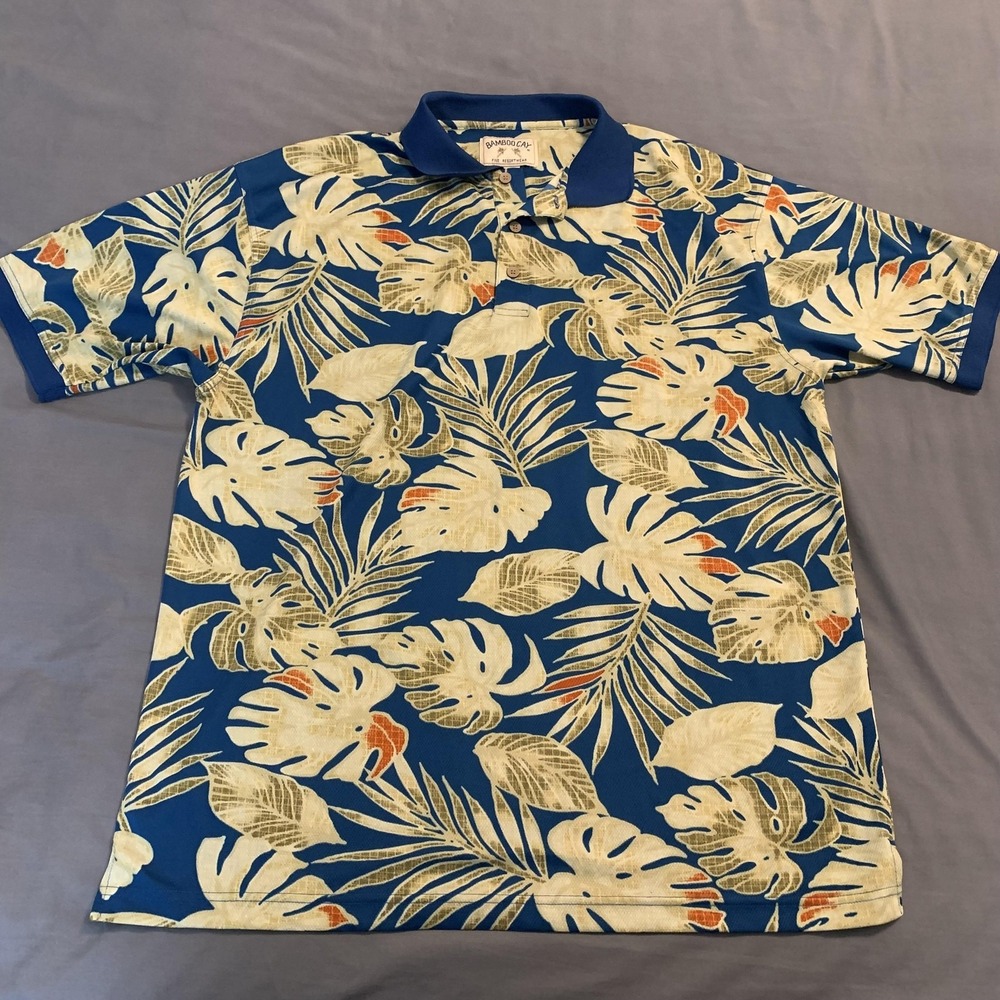 Bamboo Cay Polo Shirt Mens XL Blue Tropical Leaf Hawaiian Resortwear‎ AeroCool